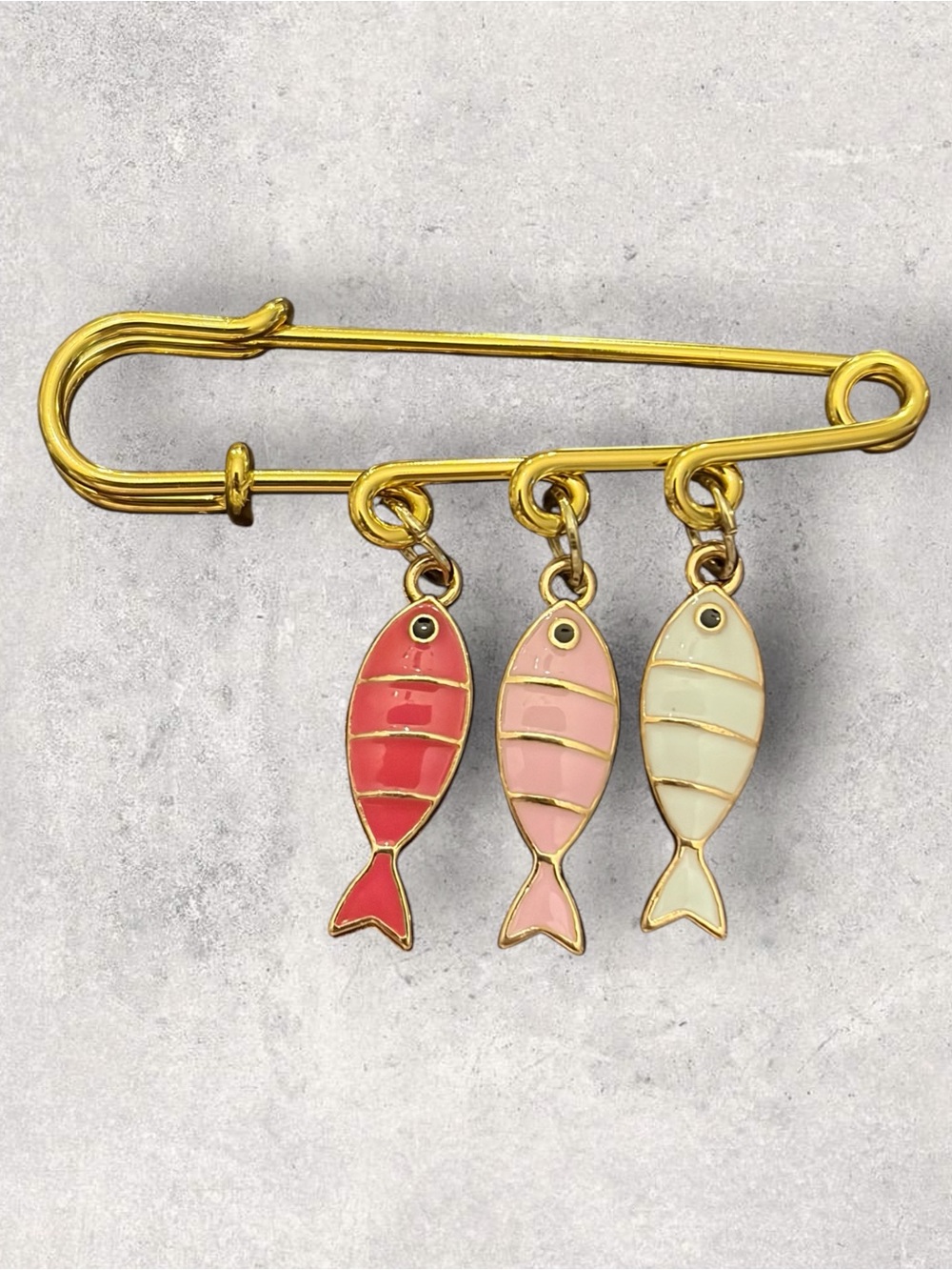 Gold Safety Pin Brooch with Red, Pink and Cream Fish Charms